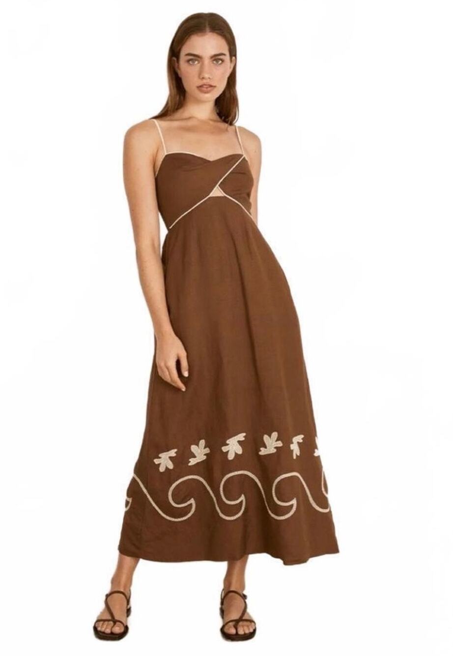 Mon Renn Fresco Linen Blend Embroidered Midi Sundress Cacao Pockets Size Small